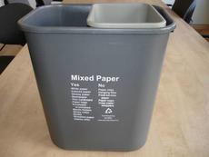 Deskside bin sets include a larger bin for mixed paper, and a smaller bin for waste that is non-food. Food waste should be placed in common area waste bins.
