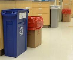 Lab recycling bins are typically blue plastic bins.